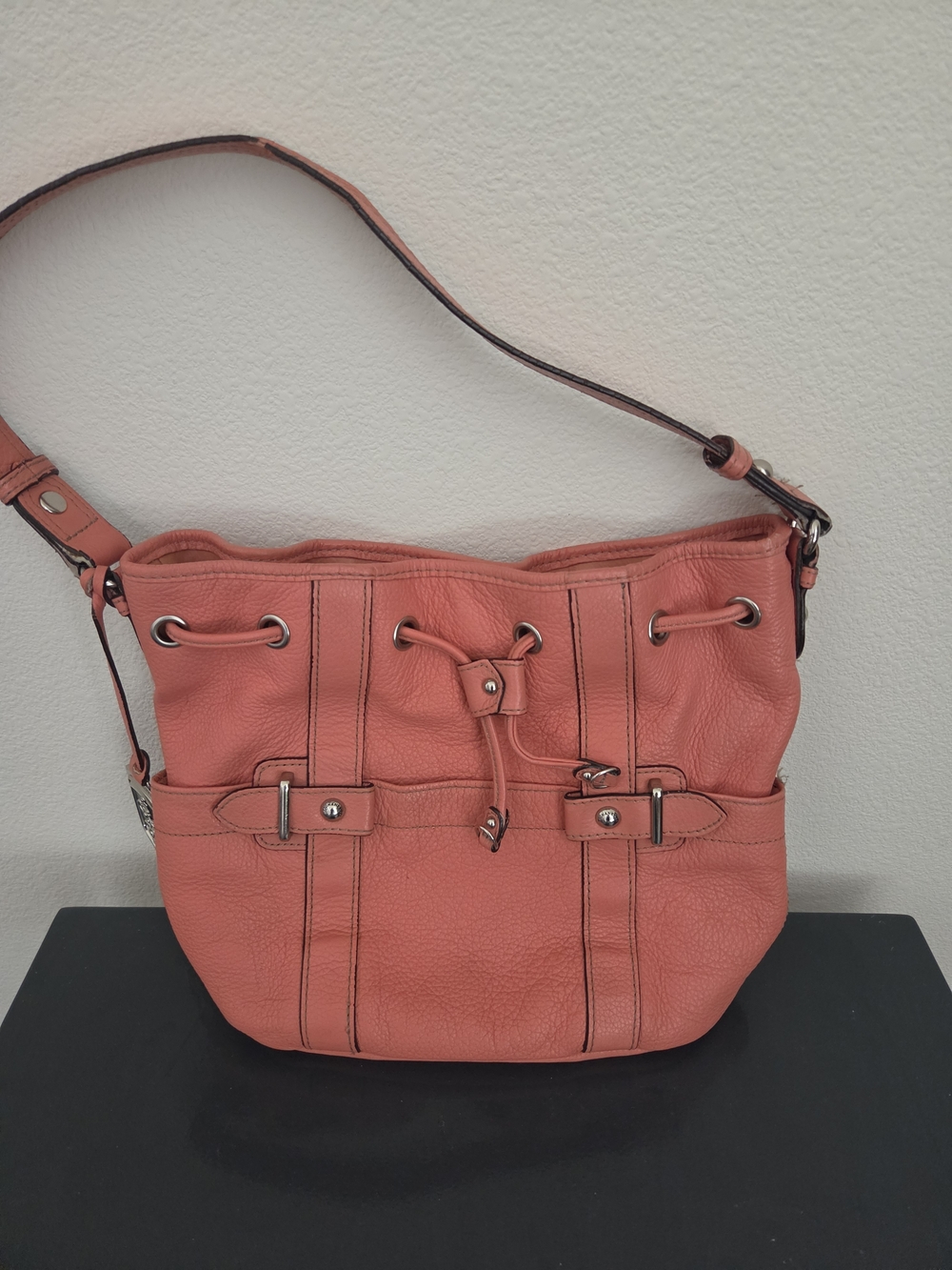 Tignanello Coral Pink Pebbled Leather Drawstring Bucket Shoulder Bag